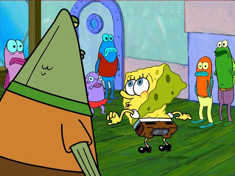 SpongeBob SquarePants: Typing (Windows) screenshot: Cut-scene - Bob fears he is about to get his behind kicked by his next opponent, so he has devised a plan...