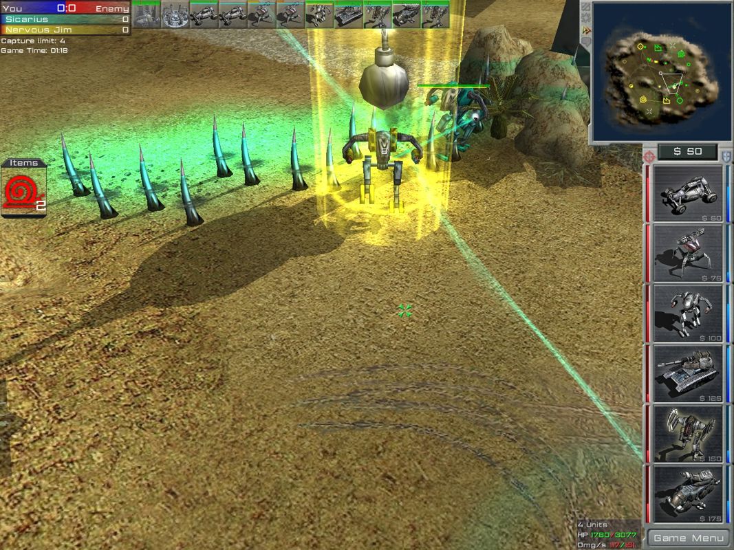 Arena Wars (Windows) screenshot: The second enemy walker stole the bomb before it exploded and transports it to my base.