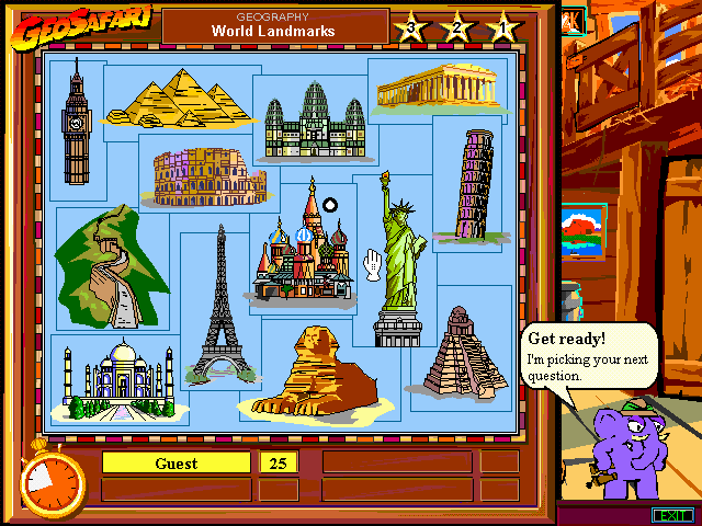 Microsoft Bob (game included) (Windows 3.x) screenshot: Lady Liberty busts out of the American Landmarks category to take center stage among the World Landmarks.