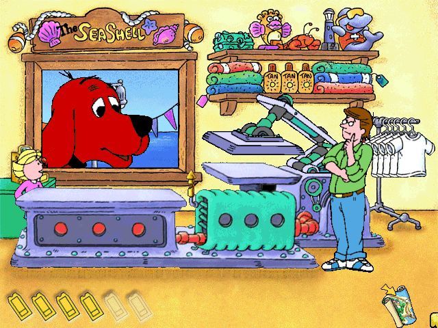Clifford the Big Red Dog: Reading (Windows) screenshot: Emily's dad is stumped for ideas for his T-shirt business.
