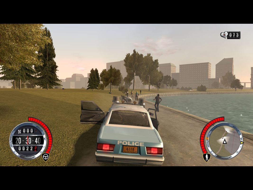 Driver: Parallel Lines (Windows) screenshot: Hijacking a police car and driving around the shore.