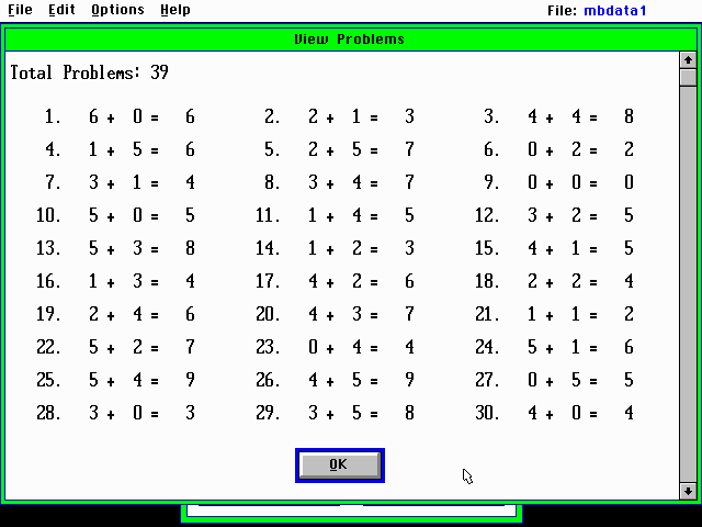 Math Blaster: Episode One - In Search of Spot (DOS) screenshot: Math Blaster editor displaying a problem set.