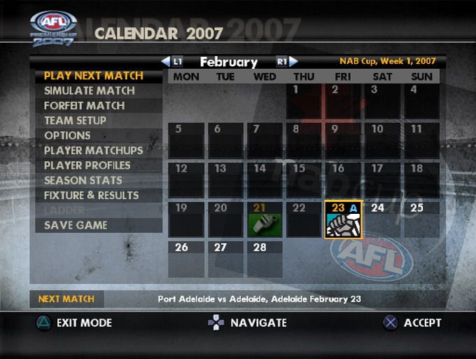 AFL Premiership 2007 (PlayStation 2) screenshot: Season mode calendar view