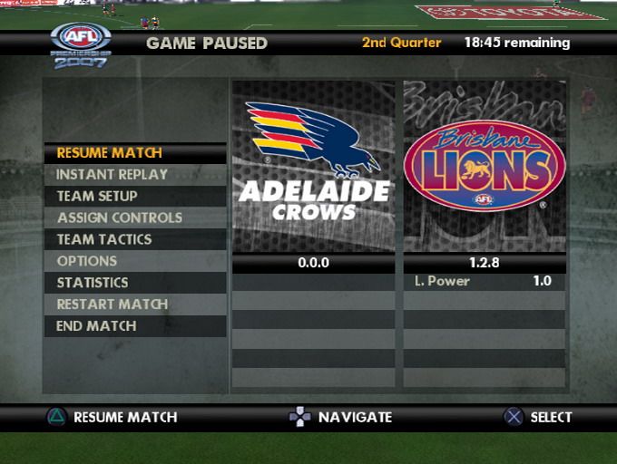 AFL Premiership 2007 (PlayStation 2) screenshot: In-game pause menu