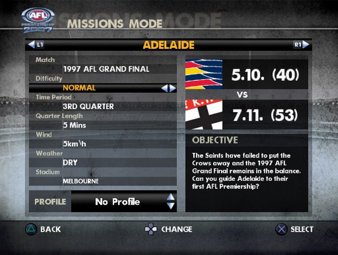 AFL Premiership 2007 (PlayStation 2) screenshot: Mission selection