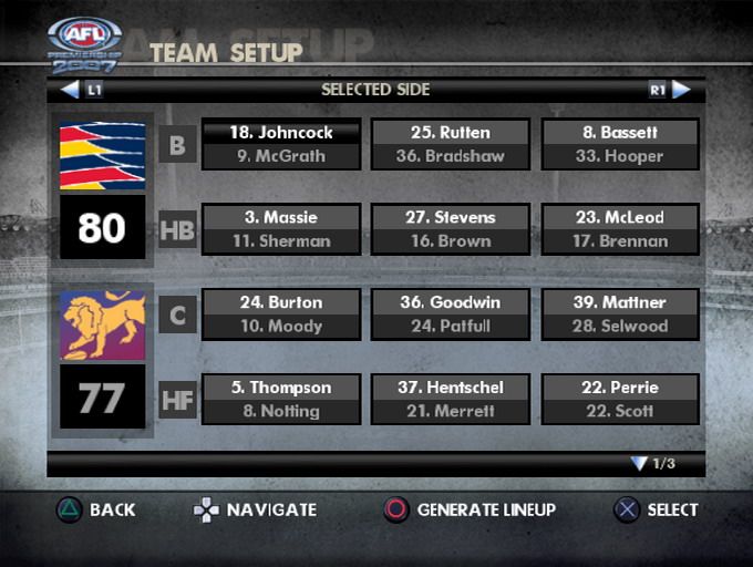 AFL Premiership 2007 (PlayStation 2) screenshot: Team setup
