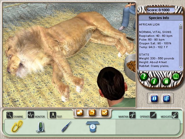 Zoo Vet (Windows) screenshot: Reading up on the species info before beginning to treat; looks like a bad case of fleas!