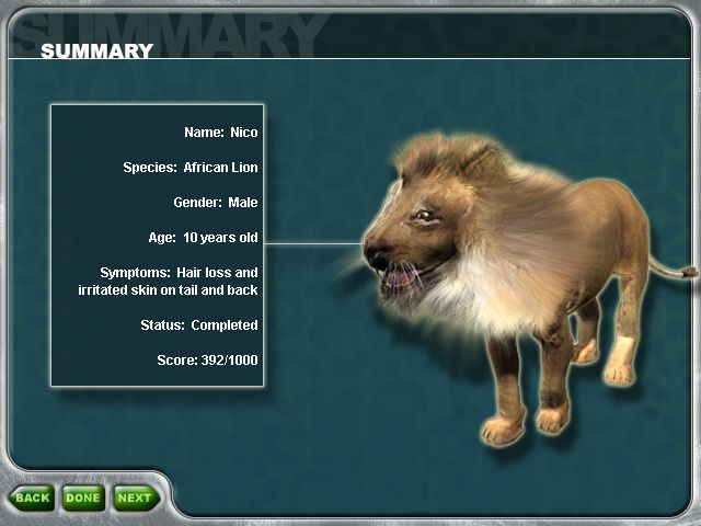 Zoo Vet (Windows) screenshot: Summary and score
