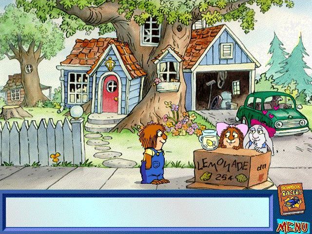 Mercer Mayer's Little Critter and the Great Race (Windows) screenshot: His sister's lemonade stand. The little Rabbit is quite taken with him.