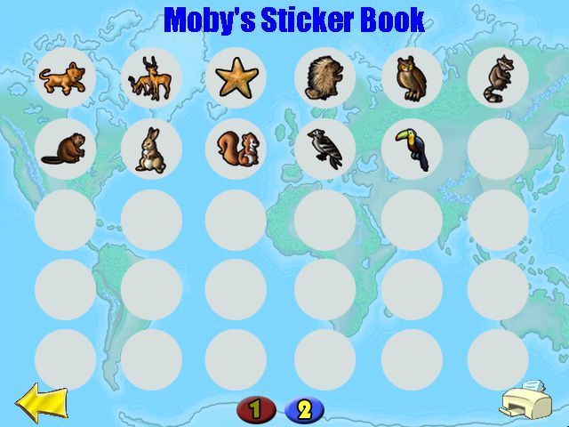 JumpStart Animal Adventures (Windows) screenshot: A sticker book page - some stickers are fairly costly, but you can replay the game for more points