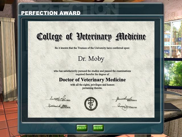 Zoo Vet (Windows) screenshot: Funny how you receive a degree before you study a thing!