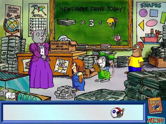 Mercer Mayer's Little Critter and the Great Race (Windows) screenshot: Miss Kitty knows the value of a pile of collected newspapers!