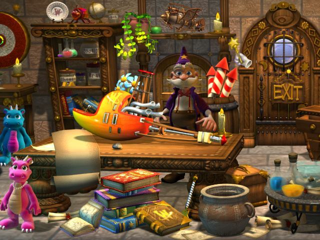 WizMo's Workshop: Dragons of Frozzbokk (Windows) screenshot: Each time you win a machine part it's back to the Workshop to add it on...