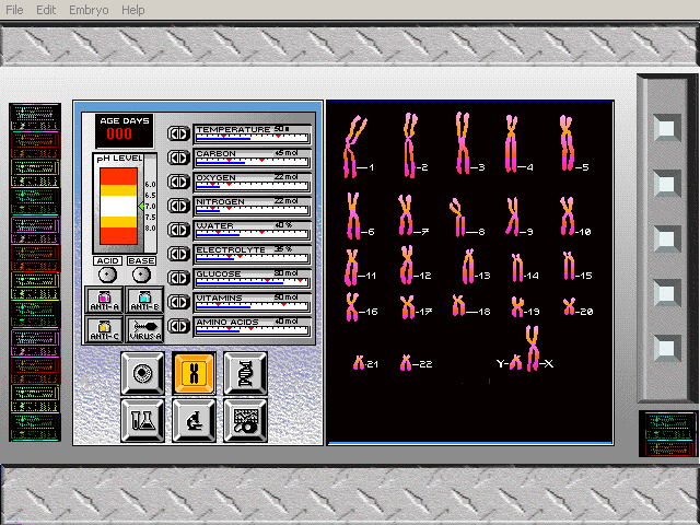 G-Netix (Windows 3.x) screenshot: Various DNA strings to manipulate.