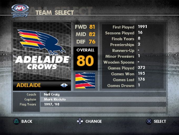 AFL Premiership 2007 (PlayStation 2) screenshot: Team selection