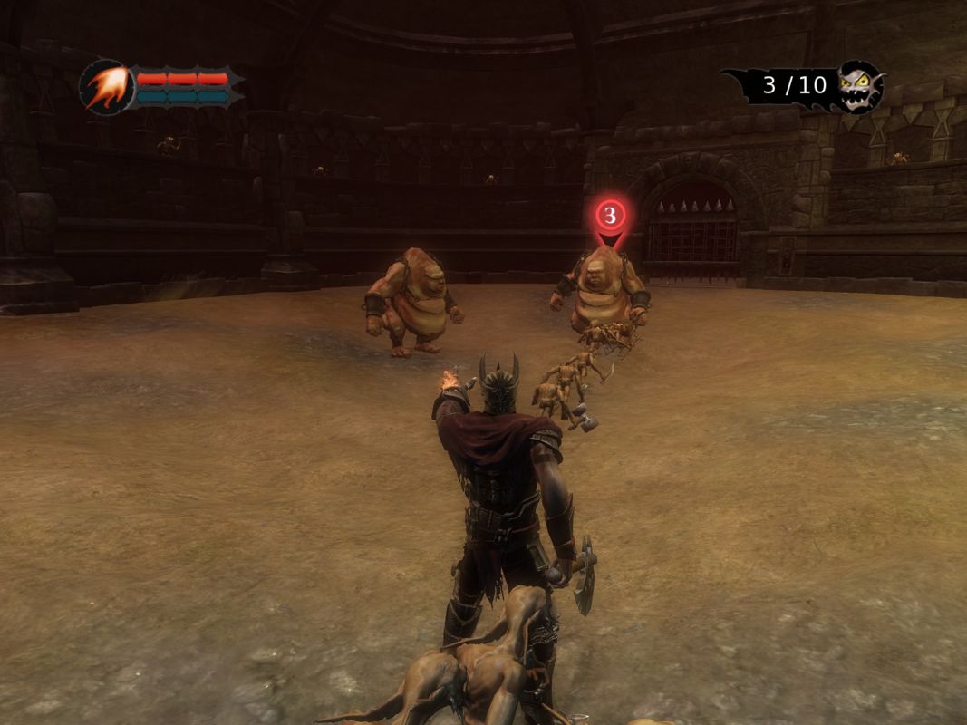 Overlord (Windows) screenshot: Two trolls fight against the Overlord in the Dungeon arena.