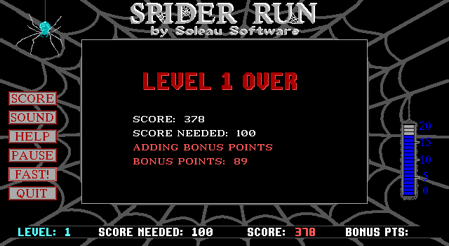 Spider Run (DOS) screenshot: Level 1 completed in style. Needed 100, scored 289, got a bonus of 89. Total score 378