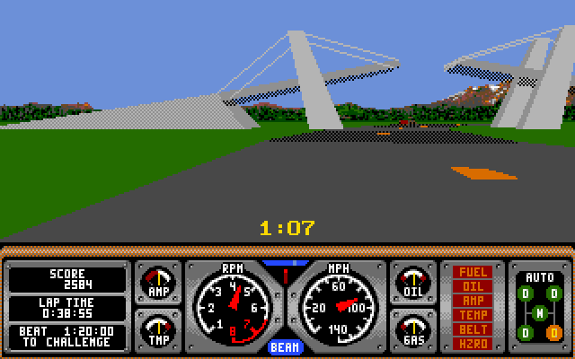 Hard Drivin' (DOS) screenshot: the drawbridge on the stunt track - VGA