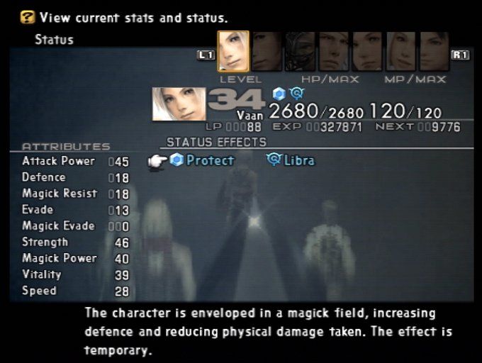 Final Fantasy XII (PlayStation 2) screenshot: Character status screen along with buffs and ailments