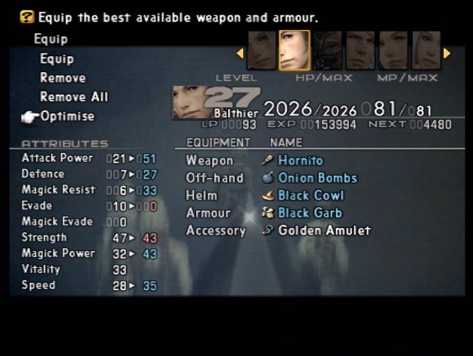 Final Fantasy XII (PlayStation 2) screenshot: Optimize (equipment) isn't always the best choice