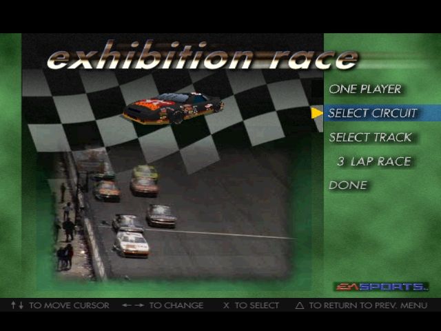 Andretti Racing (PlayStation) screenshot: Exhibition - select circuit.