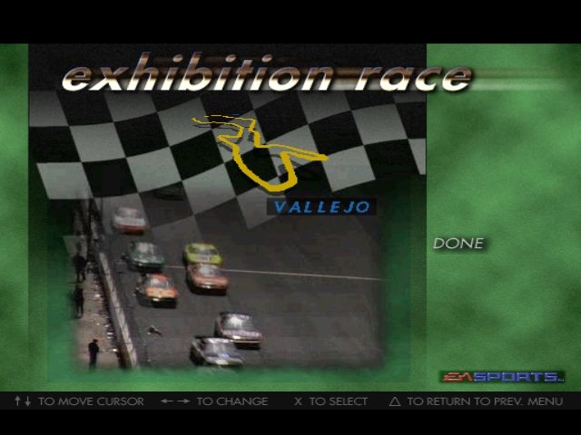Andretti Racing (PlayStation) screenshot: Exhibition - select track.
