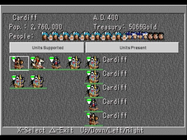 Sid Meier's Civilization II (PlayStation) screenshot: Units supported / Units present in Cardiff