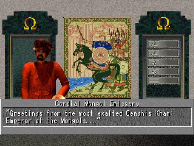 Sid Meier's Civilization II (PlayStation) screenshot: Talking to the cordial Mongol emissary.