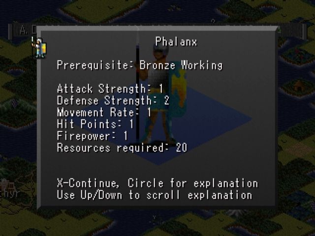 Sid Meier's Civilization II (PlayStation) screenshot: Info sheet for the Phalanx