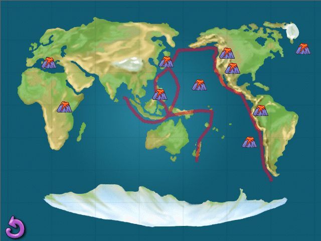 Scholastic's The Magic School Bus Volcano Adventure: Activity Center (Windows) screenshot: A world map, depicting some of the most well-known volcanoes.