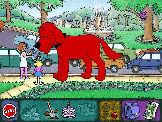 Clifford the Big Red Dog: Thinking Adventures (Windows) screenshot: Traffic comes screeching to a halt when Clifford retrieves a scarf from a tree across the road