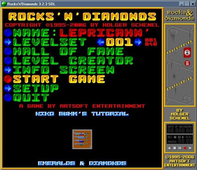 Rocks 'n' Diamonds (Windows) screenshot: Title screen and main menu