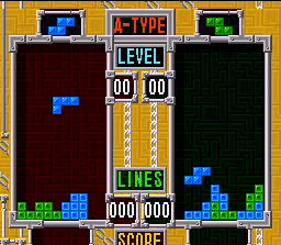 Tetris & Dr. Mario (SNES) screenshot: Tetris 2PLAYER GAME in course: both are starting to organize the best attack!