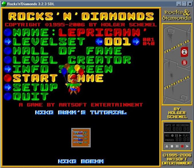 Rocks 'n' Diamonds (Windows) screenshot: Showing one of the animated characters that move on the menu screen.