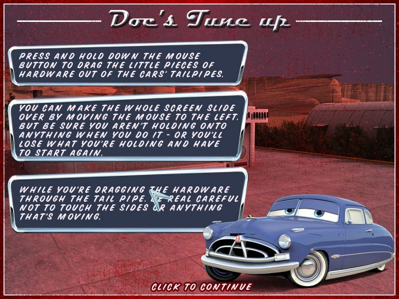 Disney•Pixar Cars: Radiator Springs Adventures (Windows) screenshot: More instructions - the Tune-up mini-game