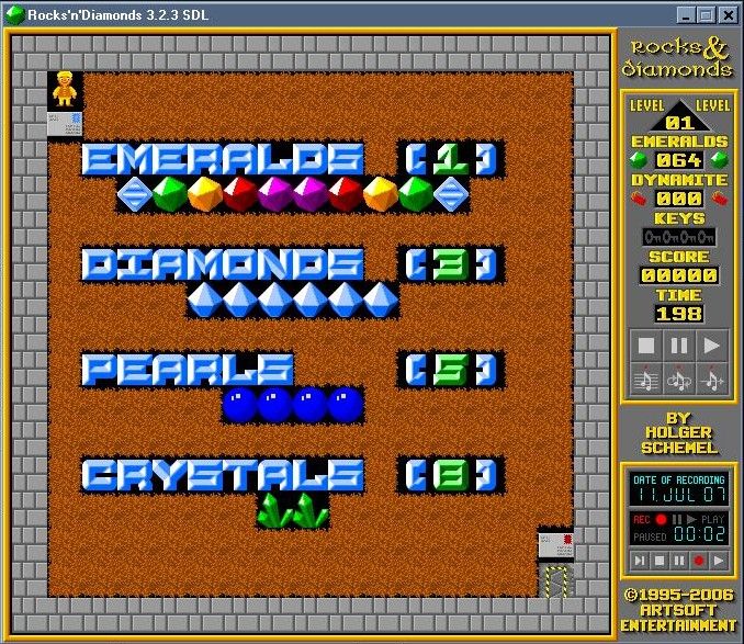 Rocks 'n' Diamonds (Windows) screenshot: The tutorial level 1: Emeralds & Diamonds