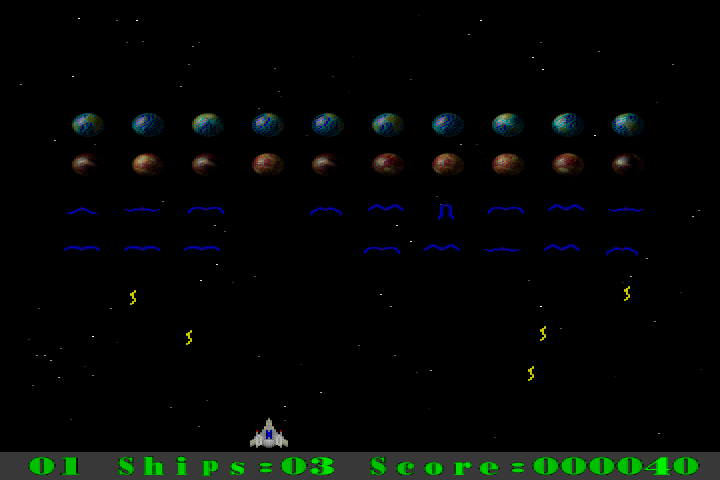 Cheesy Invaders (DOS) screenshot: The planets shoot down at you.