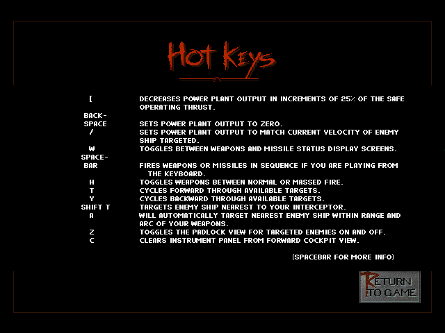 Renegade: Battle for Jacob's Star (DOS) screenshot: Hot-keys list