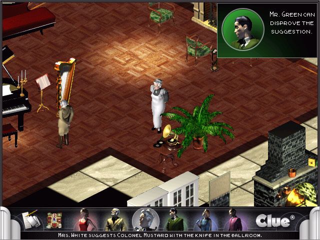 Clue: Murder at Boddy Mansion (Windows) screenshot: When someone suggests a murder theory, each of the players reports whether they can prove or disprove the theory.