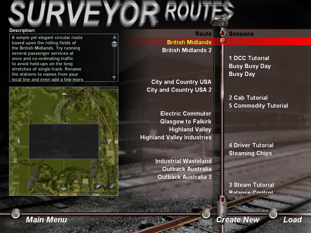 Trainz Railroad Simulator 2004 (Windows) screenshot: There's a lot to do here. This is just part of the preplanned routes. The first 'simple' route suggests operating several trains on a circular track.