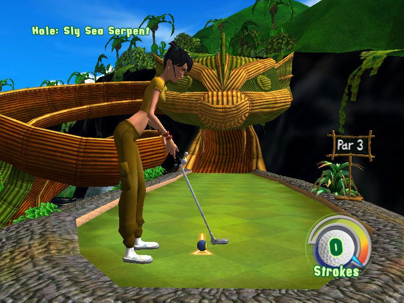 3D Ultra Mini Golf Adventures: Lost Island (Windows) screenshot: Kate plays the Sly Sea Serpent course-- a long slide