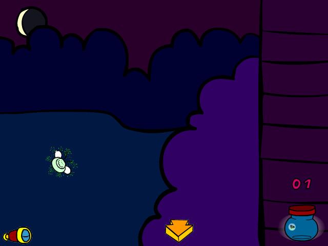 The Adventures of Little Miss Scatterbrain (Windows) screenshot: Miss Somersault captures fireflies in a Whack-a-Mole-style game.