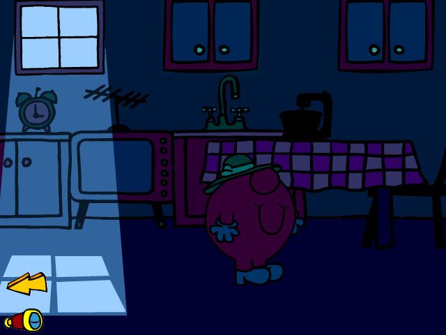The Adventures of Little Miss Scatterbrain (Windows) screenshot: Miss Scatterbrain searches for the magic book in her dark house.