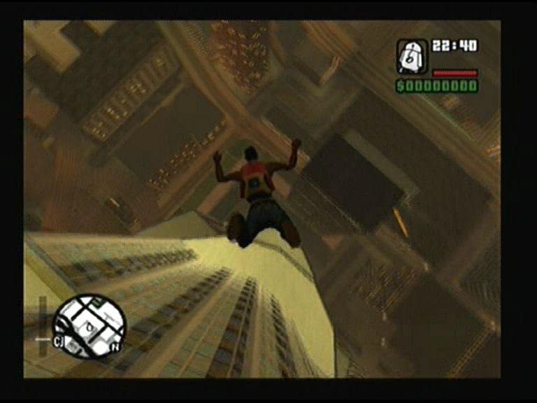 Grand Theft Auto: San Andreas (PlayStation 2) screenshot: Remember to jump off the ledge or you may drop on lower terrace