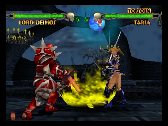 Mace: The Dark Age (Nintendo 64) screenshot: Lord Deimos attacks Taria with a special attack