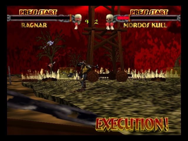 Mace: The Dark Age (Nintendo 64) screenshot: Mordos Kull executes Rangar. You can still see his axes.
