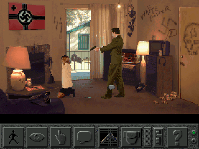 Daryl F. Gates Police Quest: Open Season (DOS) screenshot: I'm taking you in, Nazi be-otch.