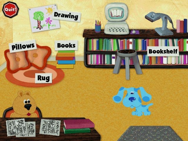 Blue's Clues: Blue's Reading Time Activities (Windows) screenshot: Blue at the library looking for a scoop.