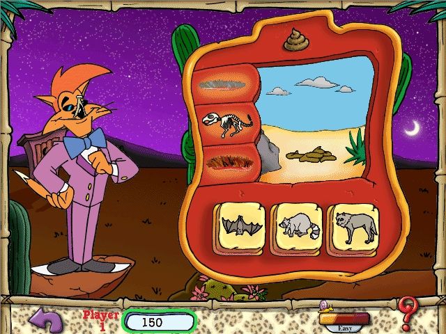 Scholastic's The Magic School Bus Explores the World of Animals (Windows) screenshot: Desert game - match the scat to the animal. Note the clothespin!