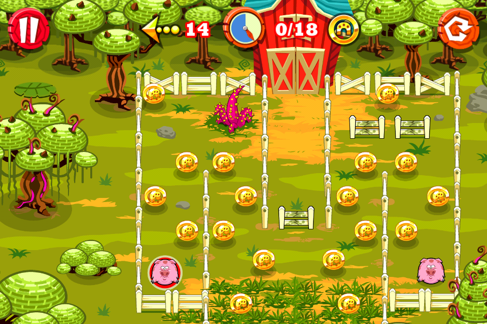 Rolling Ranch (iPhone) screenshot: Collect-all level. The barn's doors are closed until all coins are collected